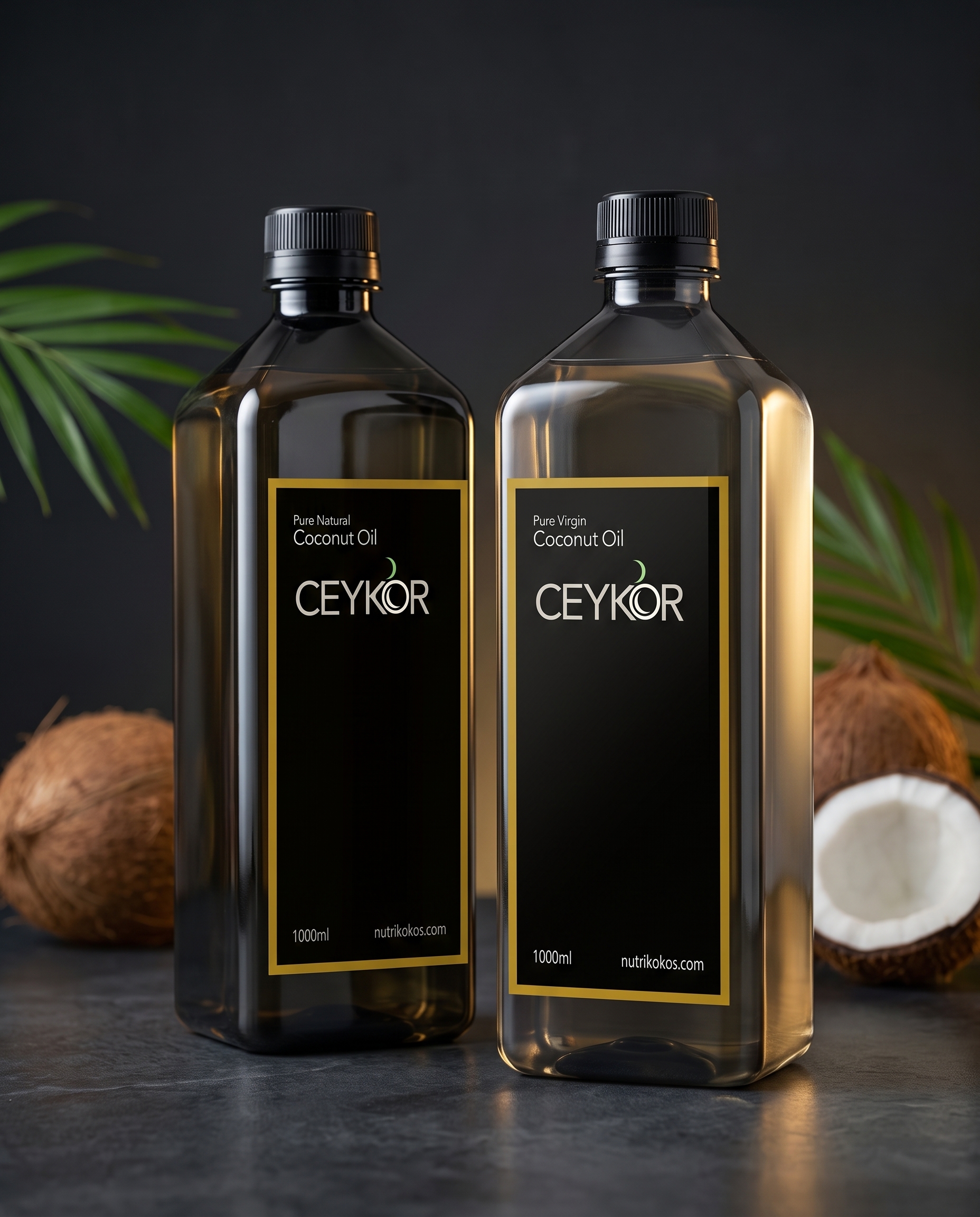 Bottle of virgin coconut oil beside a fresh coconut